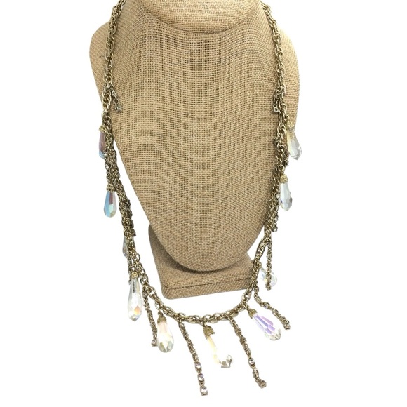 VINTAGE ANN TAYLOR AB AURORA BOREALIS BEAD CHAIN DANGLE NECKLACE GOLD TONE BELT - Picture 1 of 15